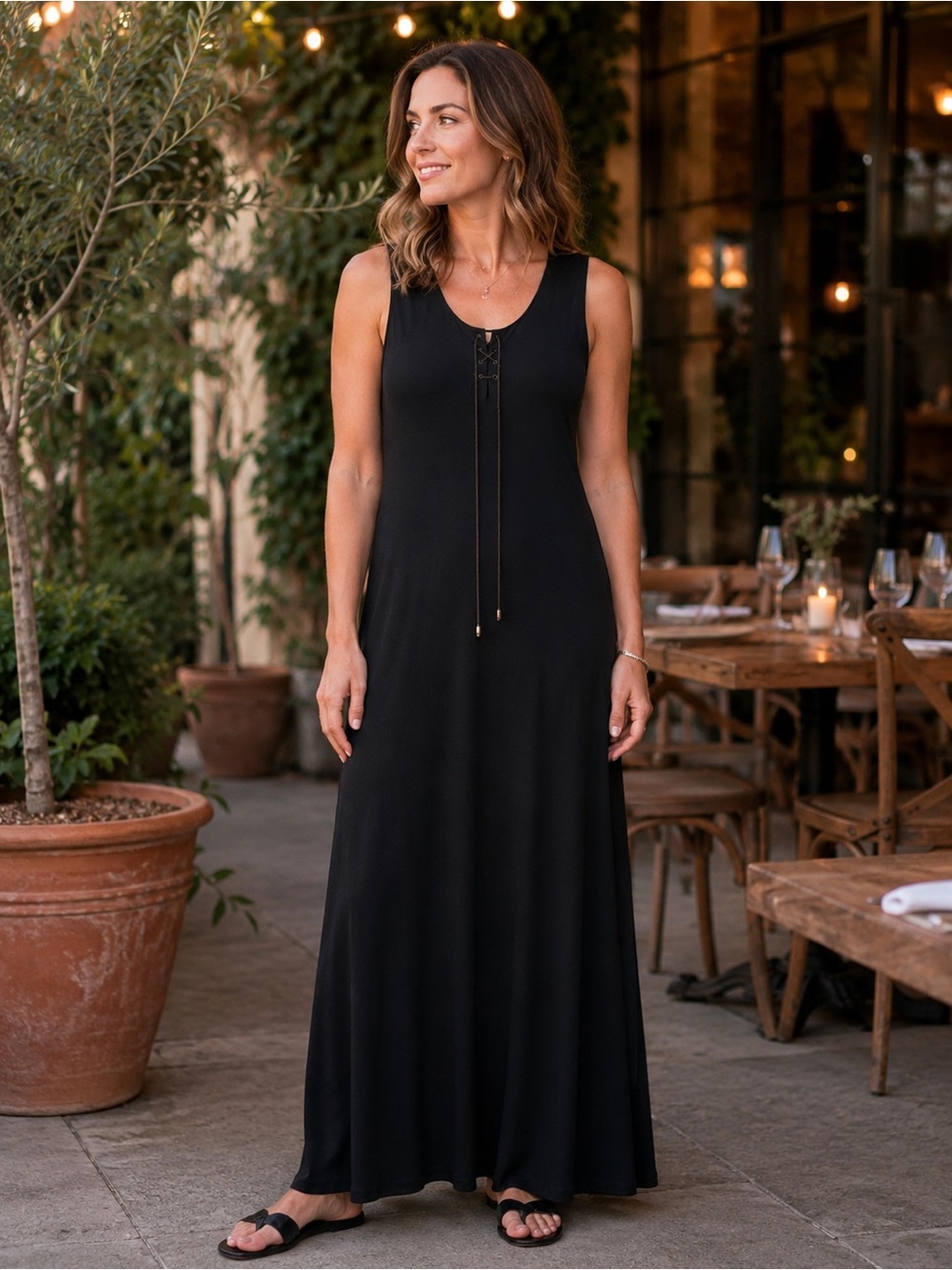 Lauren Ralph Lauren Black Lace-Up Sleeveless Maxi Dress Size M